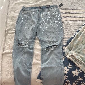 NWT Fashion Nova Ripped Rhinestone Jean